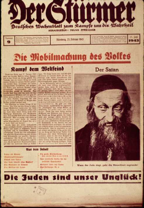 'Die Juden sind unser Ungluck' ('Οι Εβραίοι είναι η δυστυχία μας'). Πρωτοσέλιδο της εφημερίδας 'Der Sturmer' του Julius Streicher.