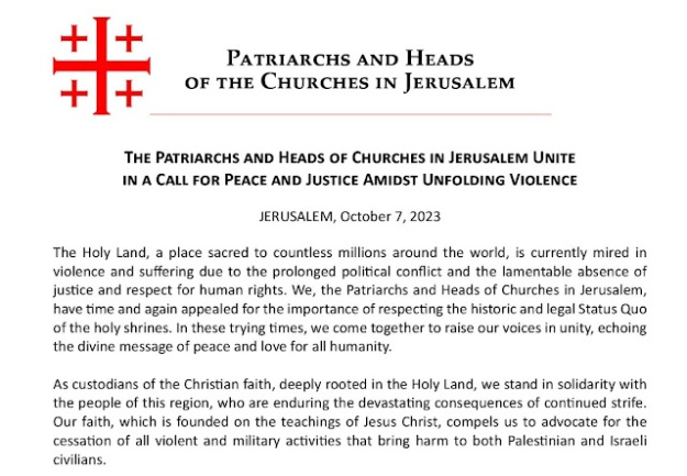 Η κοινή δήλωση Πατριαρχών και ηγετών των εκκλησιών της Ιερουσαλήμ, μετά την 7η Οκτωβρίου: Καμία αναφορά στη Χαμάς και στη σφαγή της 7ης Οκτωβρίου