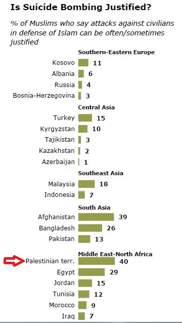 Pew Research Center Survey of Muslims, Απρίλιος 2013: Η υποστήριξη των Παλαιστινίων για τις βομβιστικές επιθέσεις αυτοκτονίας είναι η υψηλότερη μεταξύ των 20 χωρών που συμμετείχαν στην έρευνα, με το 40% των επιθέσεων αυτοκτονίας κατά αμάχων να δικαιολογούνται (Απρίλιος 2013)